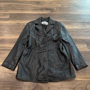 Wilsons Pelle Studio Coat Womens Medium Black Leather Button Overcoat Lined